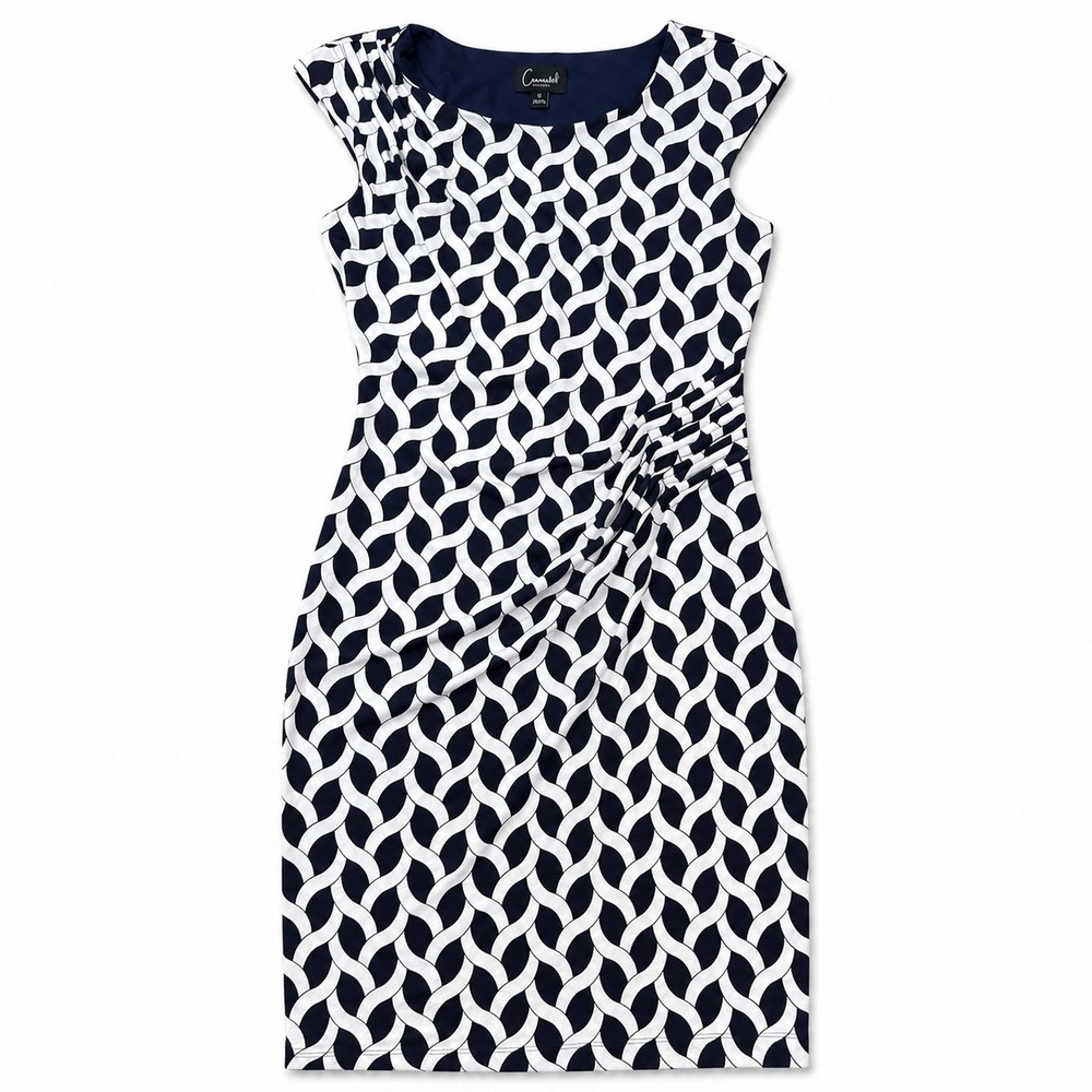 Connected Apparel Dress Womens 8 Navy White Geometric Sheath Ruched Stretch